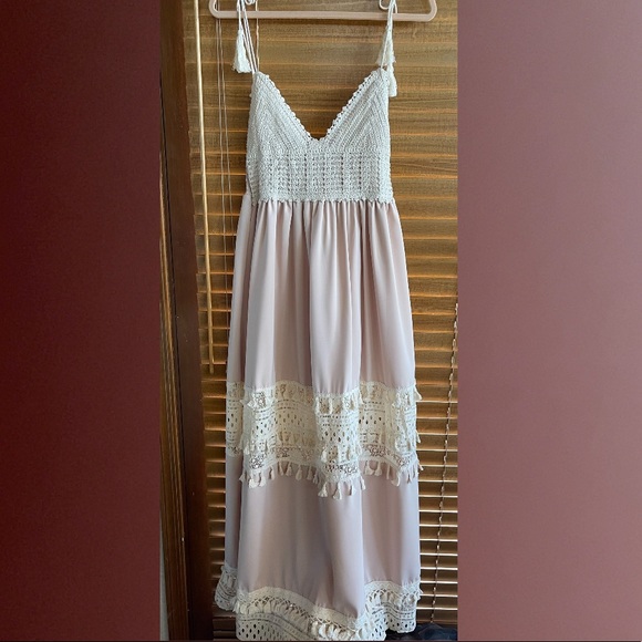 Boho Summer Crochet Maxi Dress, Tassel Adorned, Adjustable Tassel Tie - Picture 6 of 13
